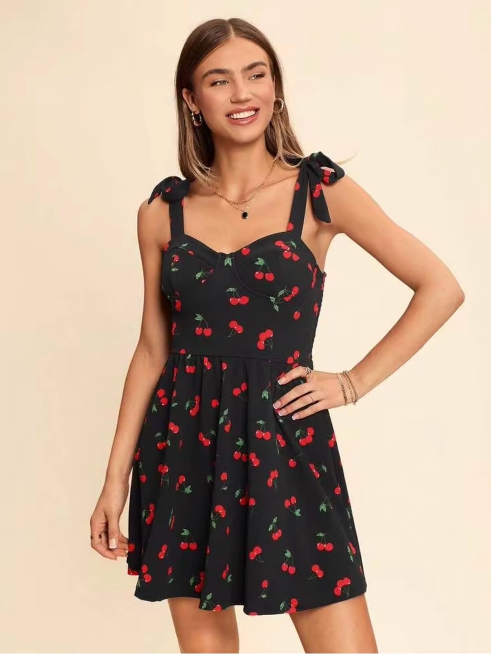 Cherry Print Tie Shoulder Cami Print Dress U.S. Size 8/10 Shein Black & Red Cute